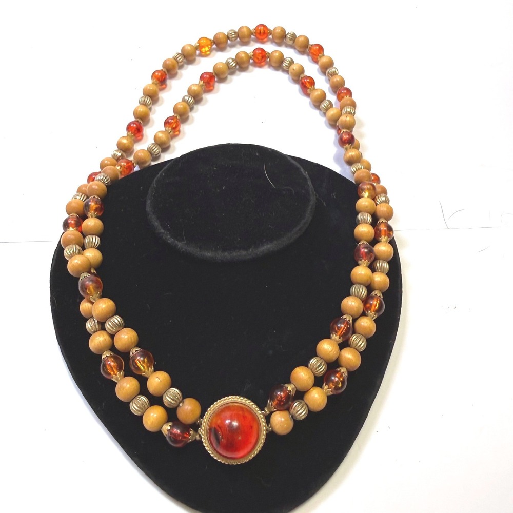 Vintage Double Strand Wood and Amber Lucite Beaded Necklace Gold Tone Clasp 24in